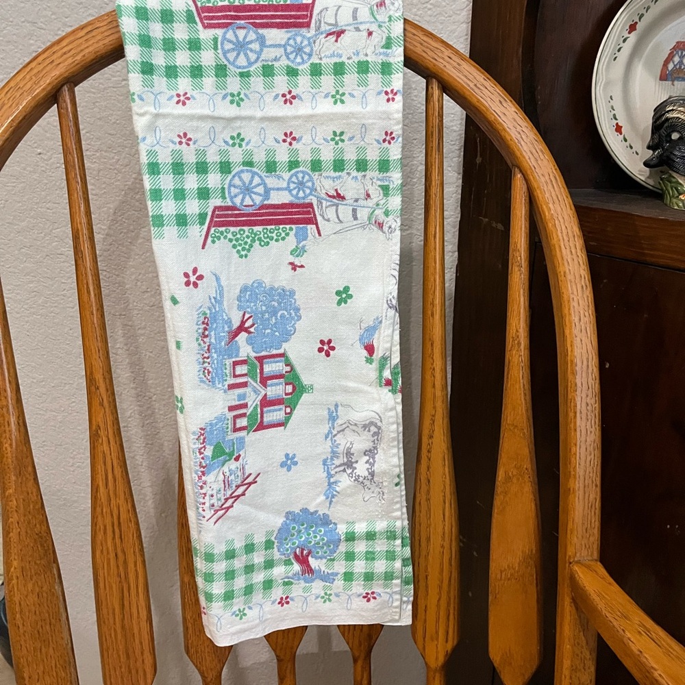 Vintage Farmhouse Tea Towel with Green and Red Accents